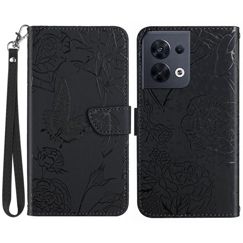 Capa Folio Para Oppo Reno 8 Borboletas Com Cordão