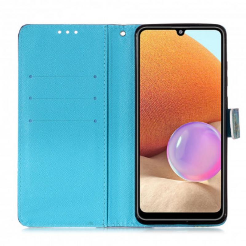 Capa De Couro Para Samsung Galaxy A32 Cordão De Borboletas Douradas