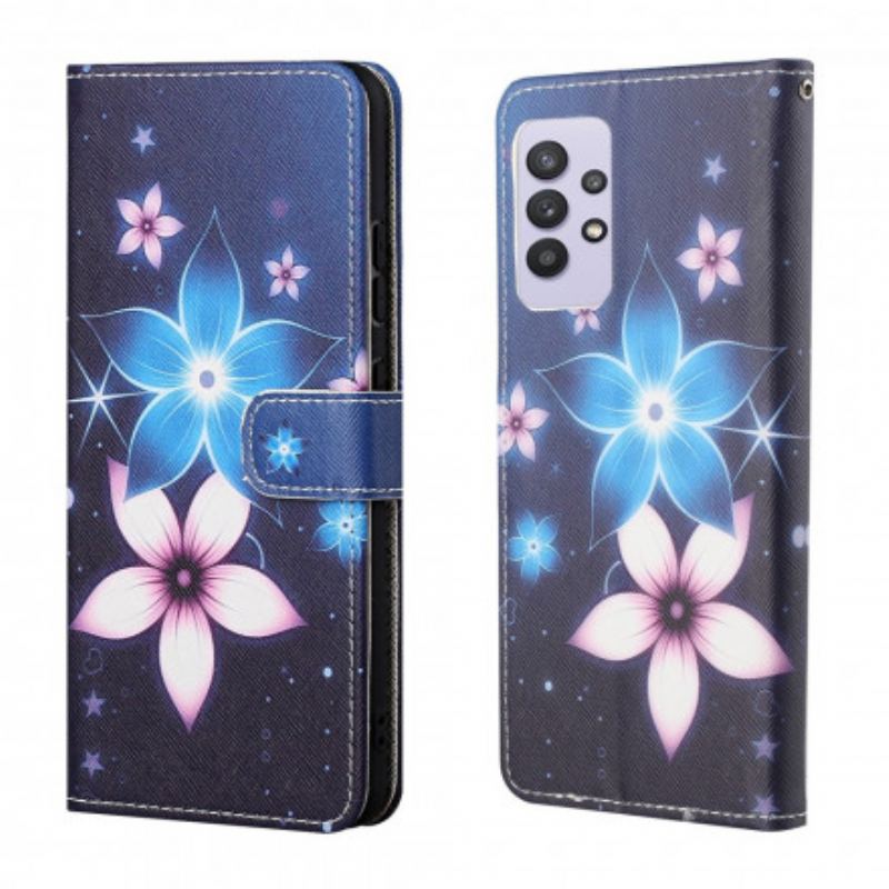 Capa De Couro Para Samsung Galaxy A32 De Cordão Flores De Cinta Lunar