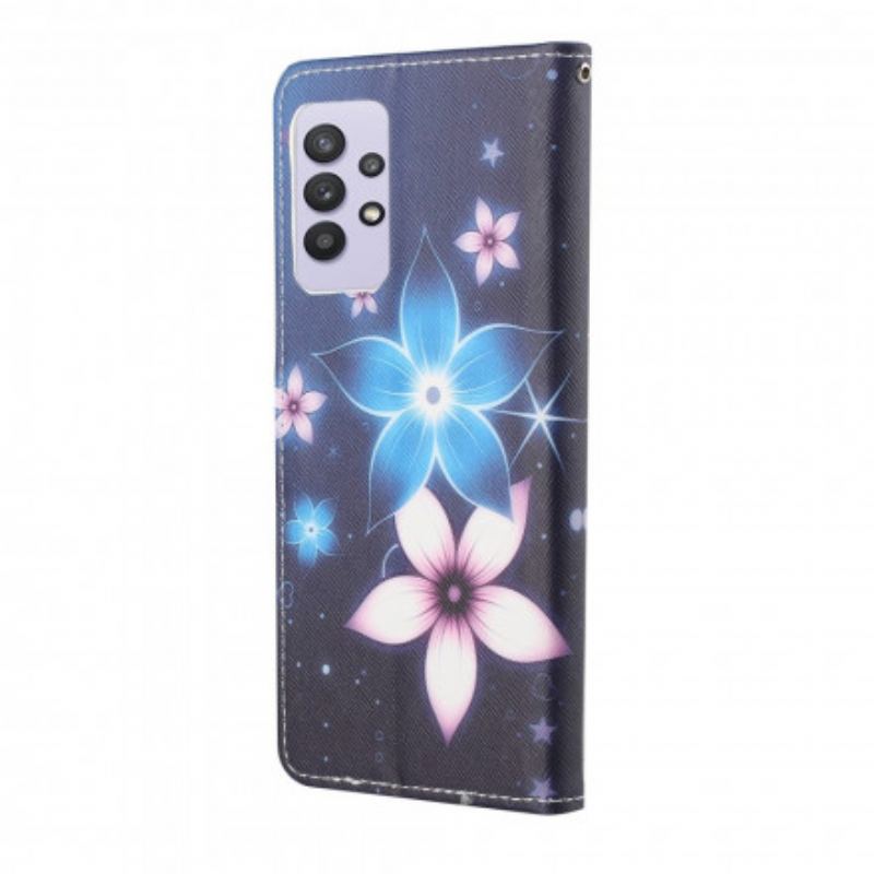 Capa De Couro Para Samsung Galaxy A32 De Cordão Flores De Cinta Lunar