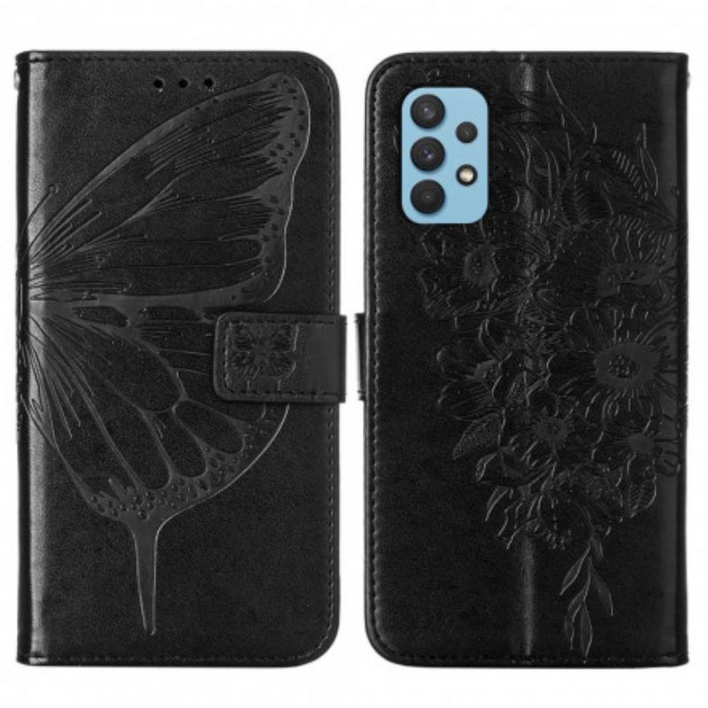 Capa Em Pele Para Samsung Galaxy A32 Design De Borboleta Com Cordão