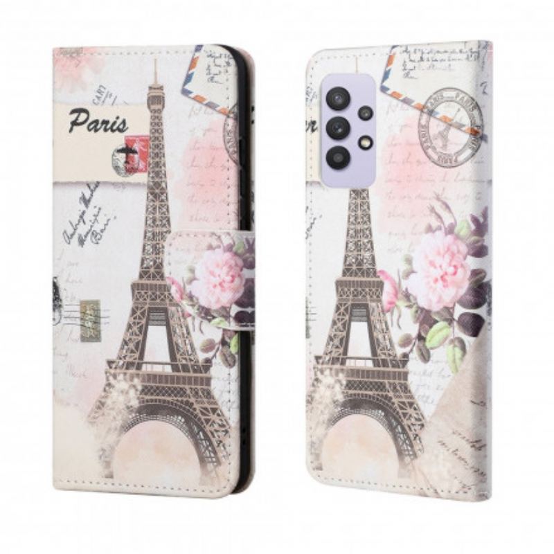 Capa Em Pele Para Samsung Galaxy A32 Torre Eiffel Retrô