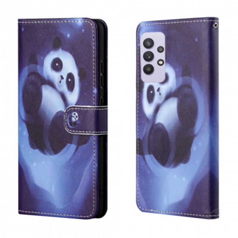 Capa Flip Para Samsung Galaxy A32 De Cordão Espaço Panda Com Lanyard