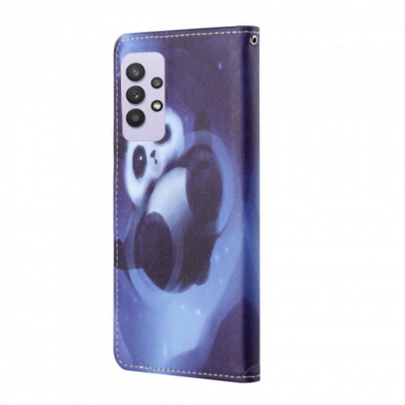 Capa Flip Para Samsung Galaxy A32 De Cordão Espaço Panda Com Lanyard