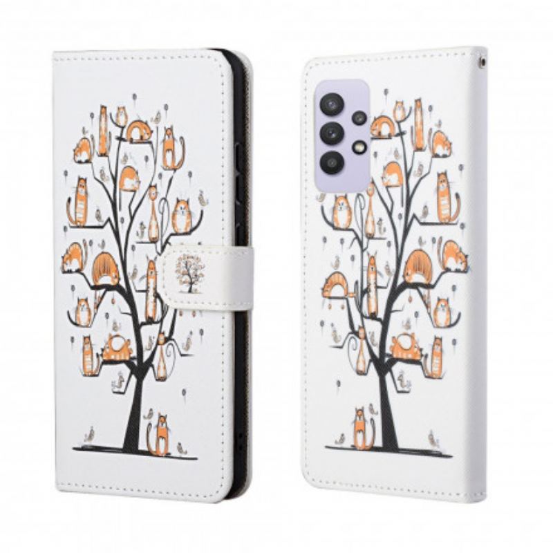 Capa Flip Para Samsung Galaxy A32 De Cordão Gatos Divertidos Com Alça