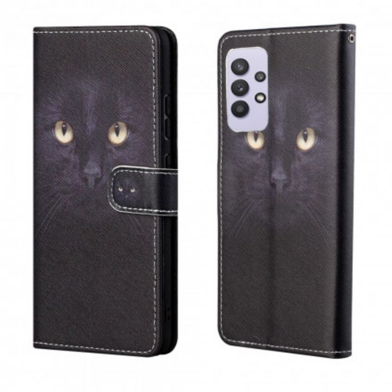 Capa Flip Para Samsung Galaxy A32 De Cordão Olhos De Gato Preto Com Tiras