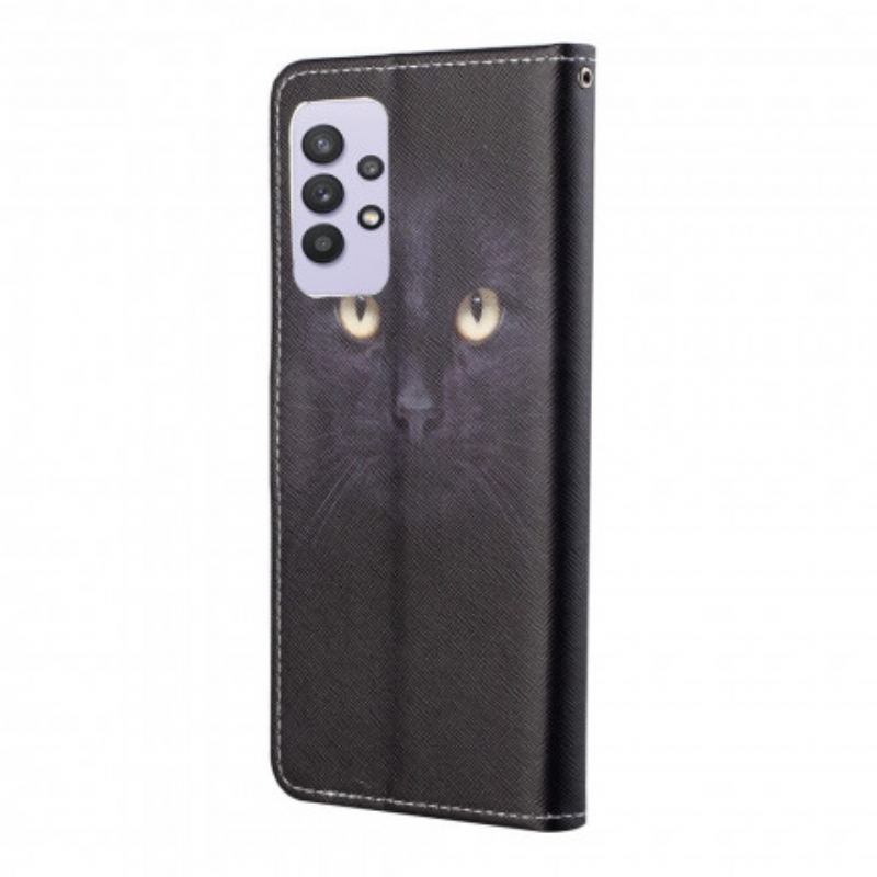 Capa Flip Para Samsung Galaxy A32 De Cordão Olhos De Gato Preto Com Tiras