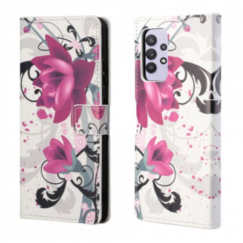 Capa Flip Para Samsung Galaxy A32 Flores Tropicais