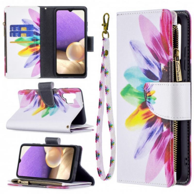 Capa Folio Para Samsung Galaxy A32 Bolso Com Zíper Flor