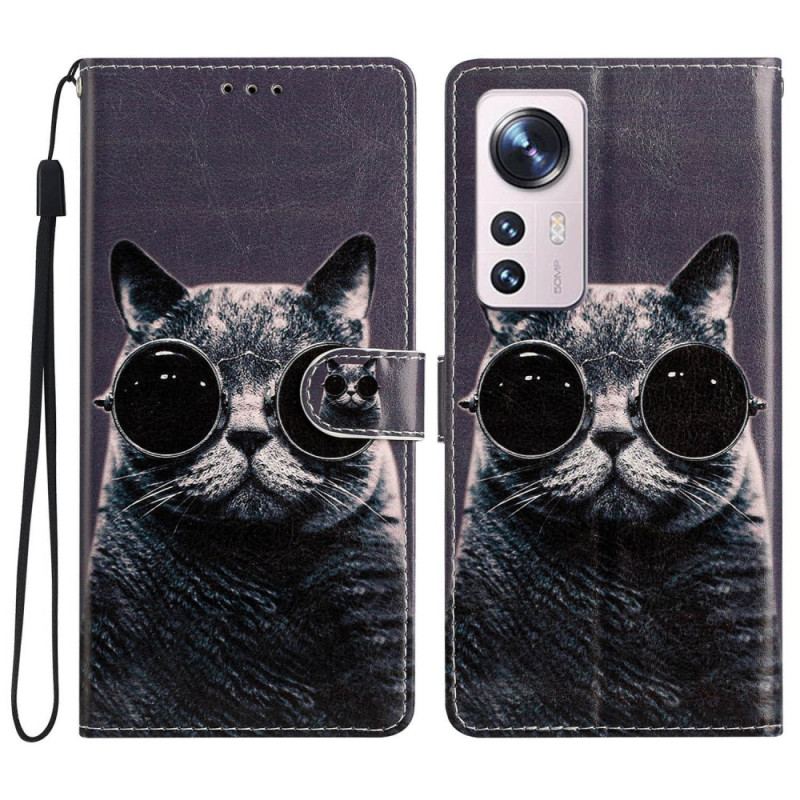 Capa De Couro Para Xiaomi 12 Lite De Cordão Óculos De Tiras Para Gatos