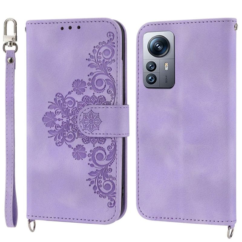 Capa Flip Para Xiaomi 12 Lite De Cordão Strappy Floral E Alça De Ombro