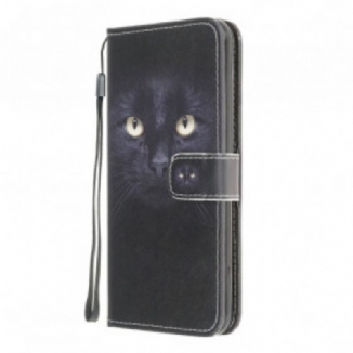 Capa De Couro Para Moto G30 / G10 De Cordão Olhos De Gato Preto Com Tiras