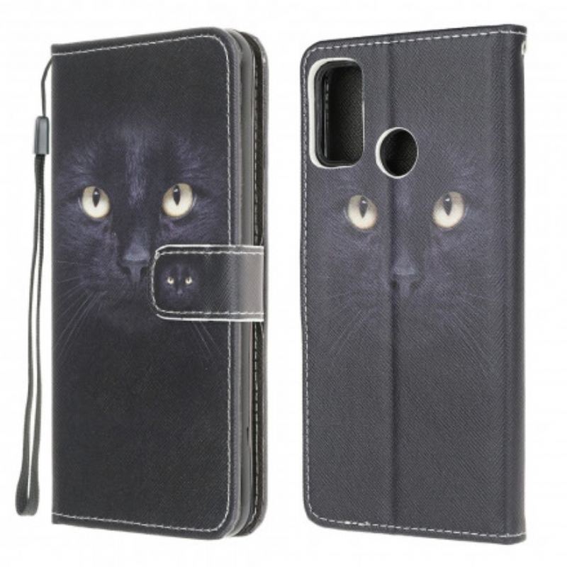 Capa De Couro Para Moto G30 / G10 De Cordão Olhos De Gato Preto Com Tiras