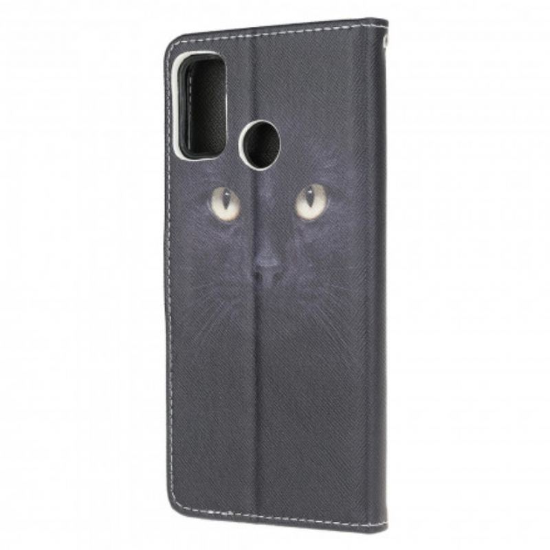 Capa De Couro Para Moto G30 / G10 De Cordão Olhos De Gato Preto Com Tiras