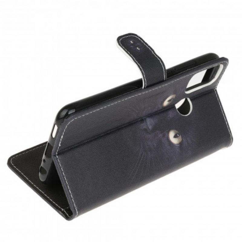 Capa De Couro Para Moto G30 / G10 De Cordão Olhos De Gato Preto Com Tiras