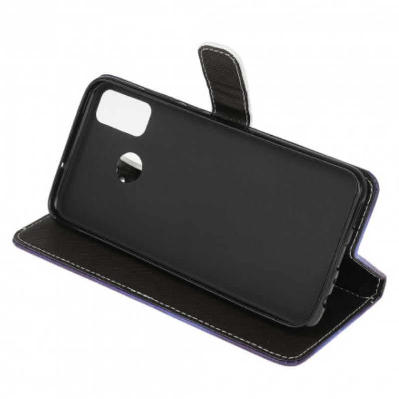 Capa De Couro Para Moto G30 / G10 De Cordão Olhos De Gato Preto Com Tiras