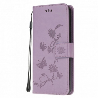 Capa Em Pele Para Moto G30 / G10 De Cordão Tanga Borboletas E Flores