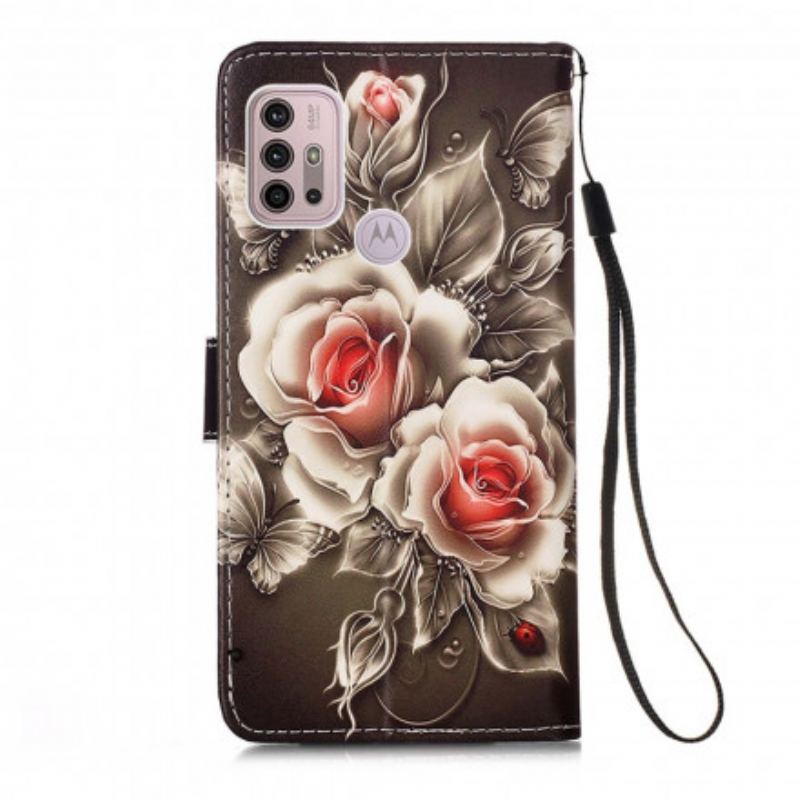 Capa Flip Para Moto G30 / G10 Rosas Douradas