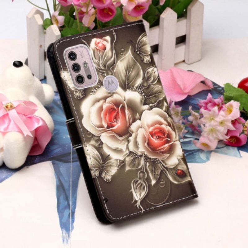 Capa Flip Para Moto G30 / G10 Rosas Douradas