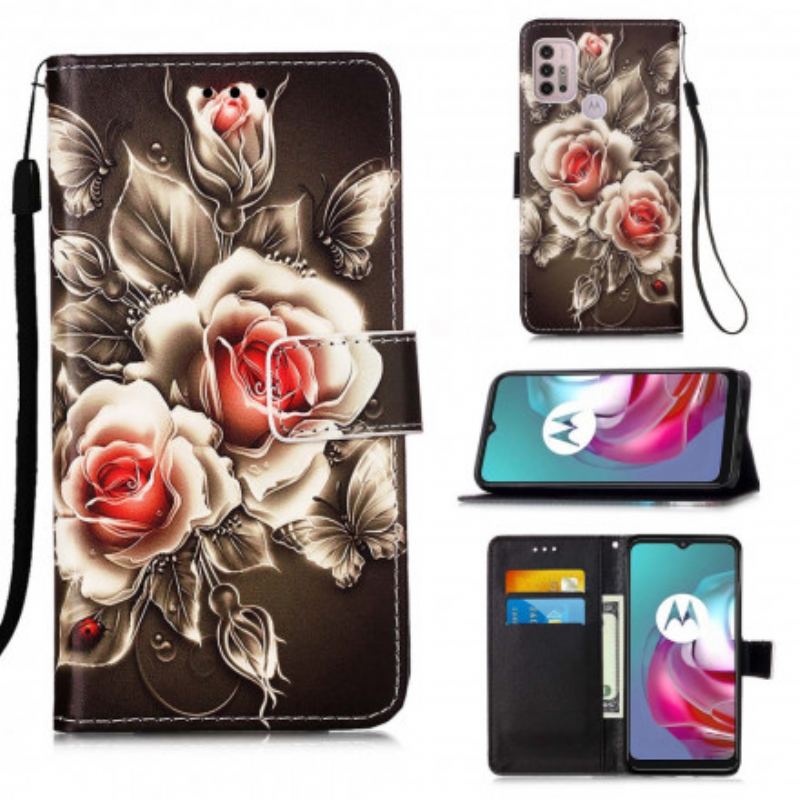 Capa Flip Para Moto G30 / G10 Rosas Douradas