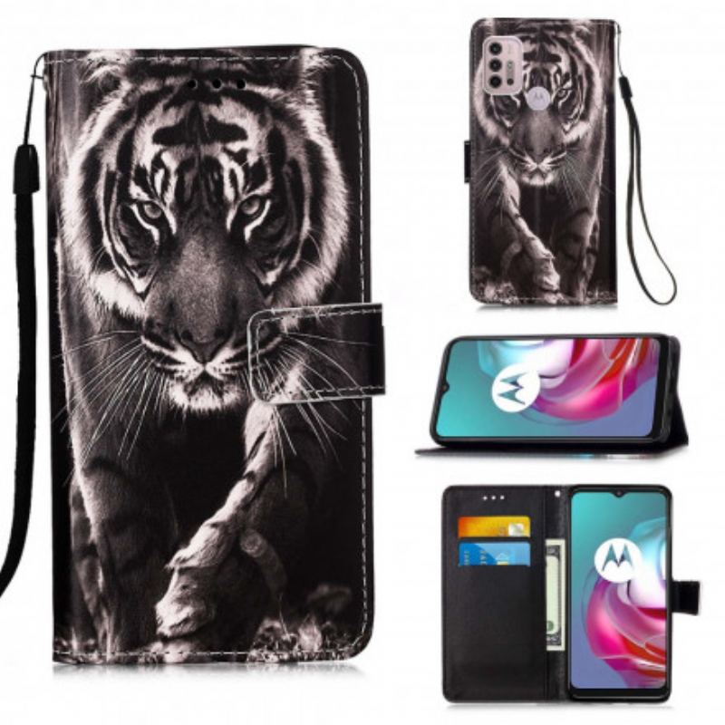 Capa Folio Para Moto G30 / G10 Tigre Da Noite