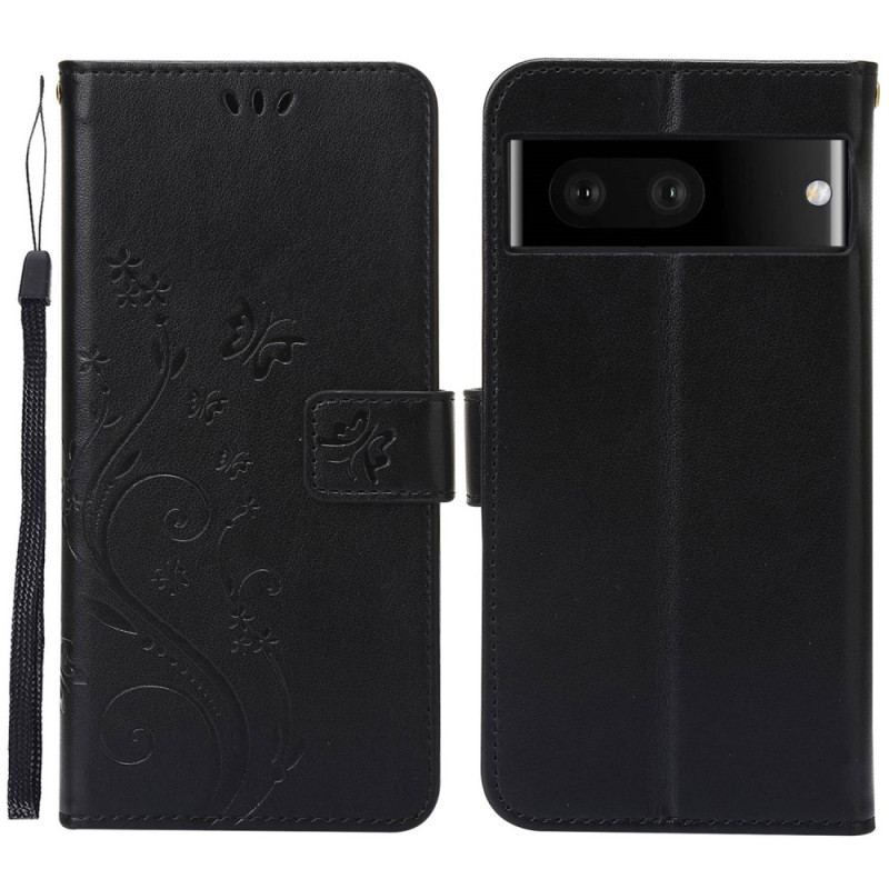 Capa Flip Para Google Pixel 7 De Cordão Correia Pro Flores E Borboletas