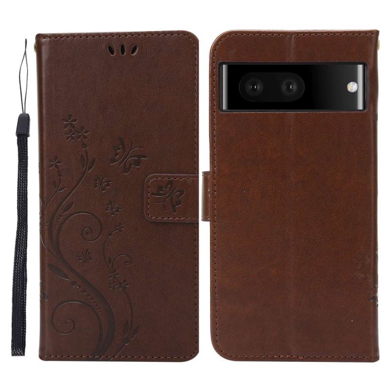 Capa Folio Para Google Pixel 7 De Cordão Flores E Borboletas Com Alça