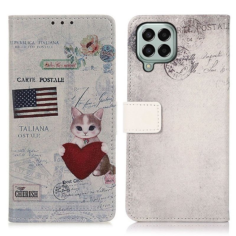 Capa De Couro Para Samsung Galaxy M33 5G Gato Viajante