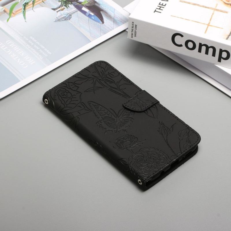 Capa Flip Para Samsung Galaxy M33 5G Borboletas Discretas E Cordão