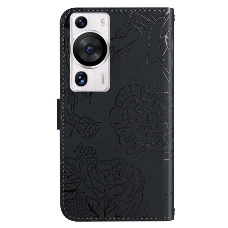 Capa Folio Para Huawei P60 Pro Borboletas Com Alça De Ombro