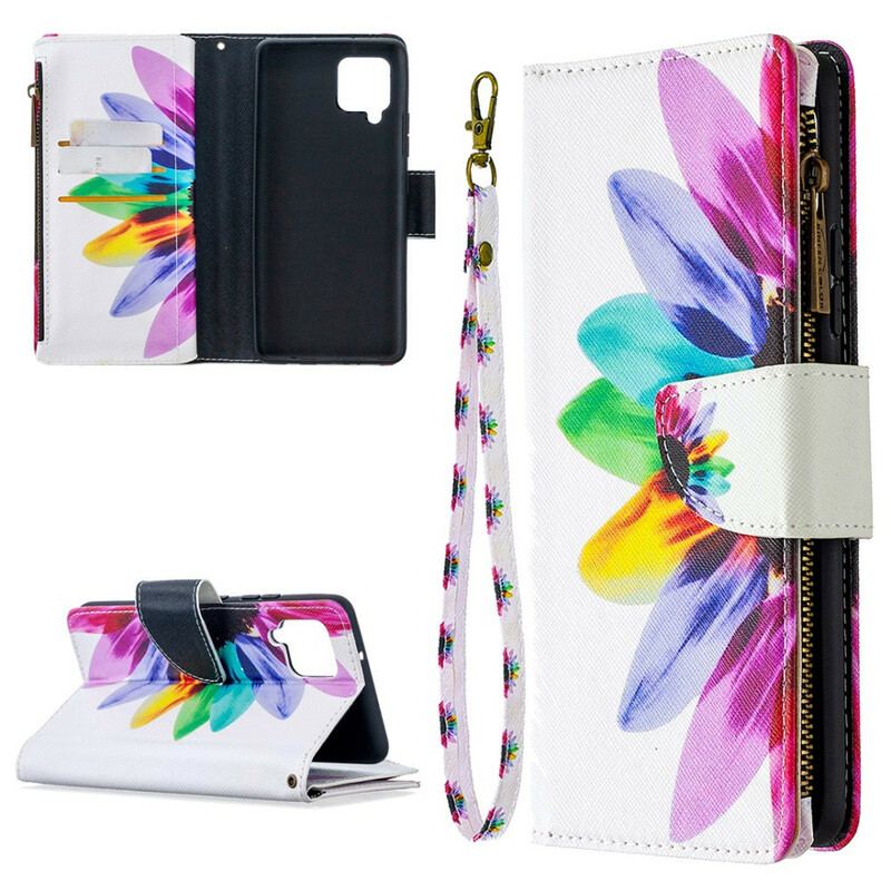 Capa Flip Para Samsung Galaxy A42 5G Bolso Com Zíper Flor