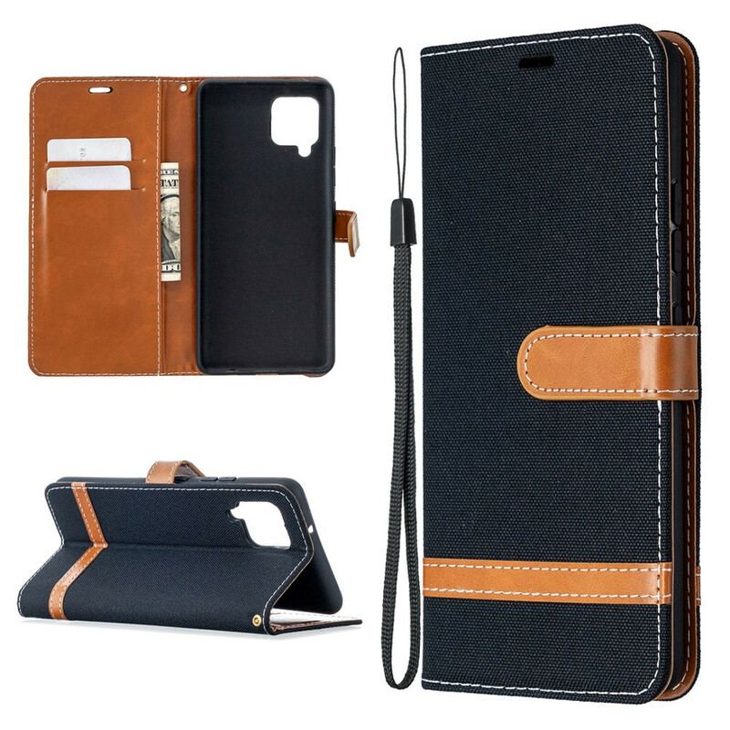 Capa Flip Para Samsung Galaxy A42 5G De Cordão Correia Efeito Tecido E Couro