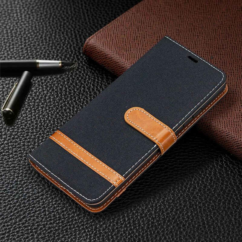 Capa Flip Para Samsung Galaxy A42 5G De Cordão Correia Efeito Tecido E Couro