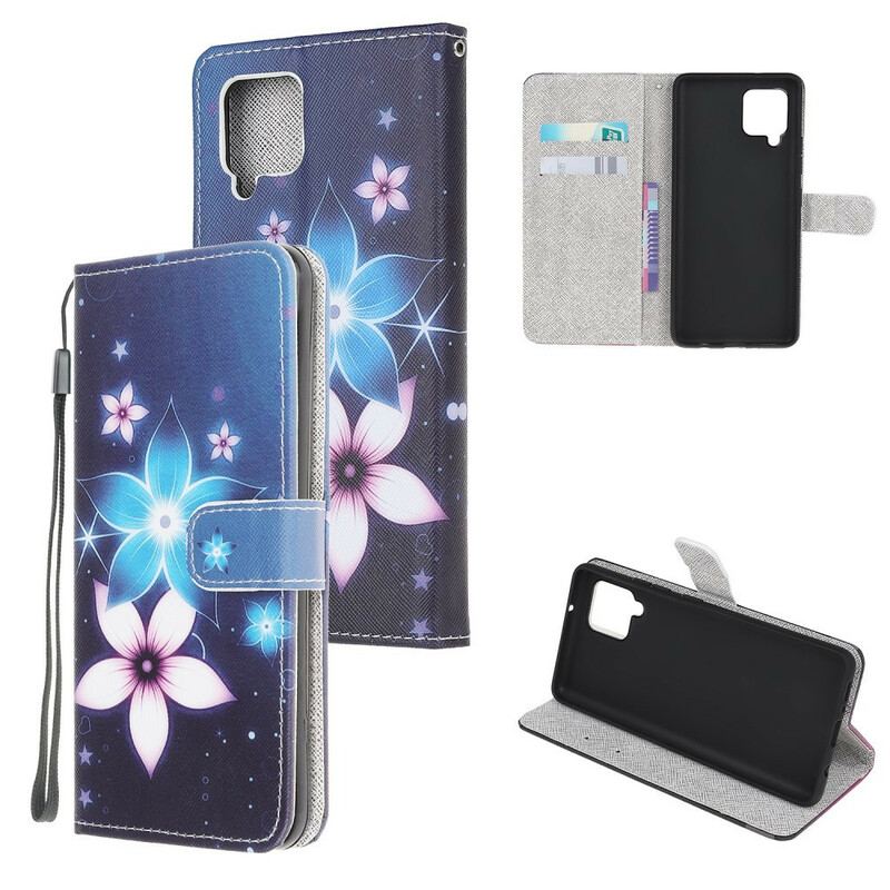 Capa Flip Para Samsung Galaxy A42 5G De Cordão Flores De Cinta Lunar