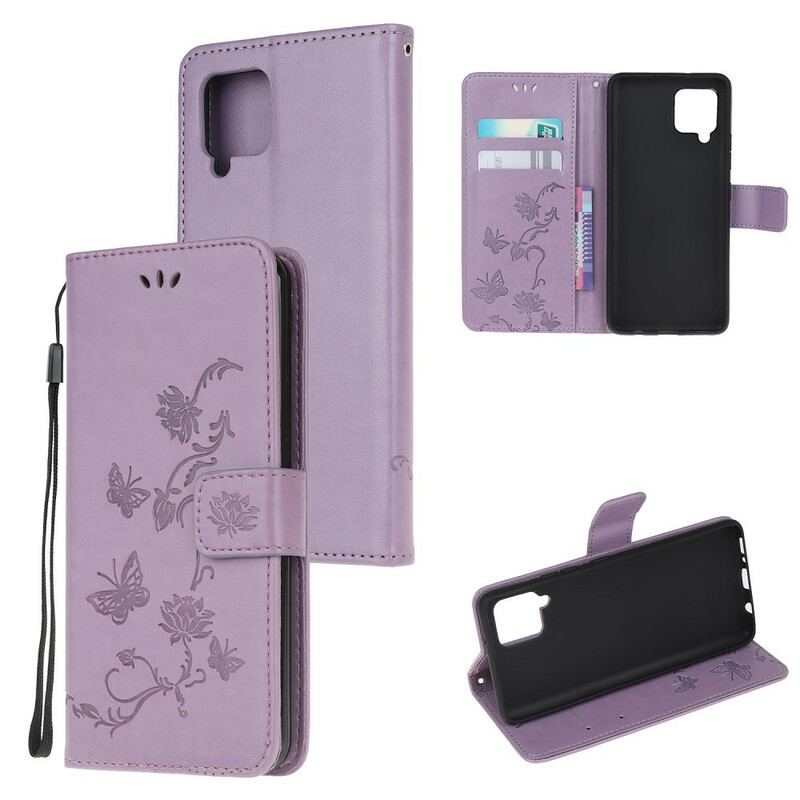 Capa Flip Para Samsung Galaxy A42 5G De Cordão Tanga Borboletas E Flores