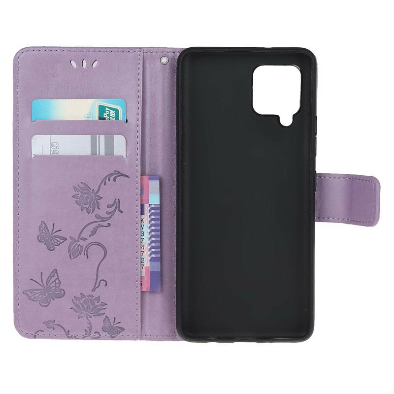 Capa Flip Para Samsung Galaxy A42 5G De Cordão Tanga Borboletas E Flores