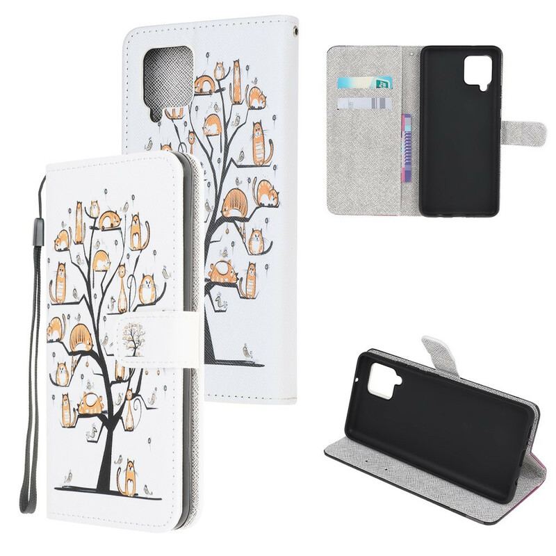 Capa Folio Para Samsung Galaxy A42 5G De Cordão Gatos Divertidos Com Alça