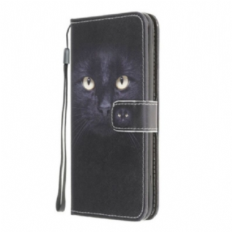 Capa Folio Para Samsung Galaxy A42 5G De Cordão Olhos De Gato Preto Com Tiras