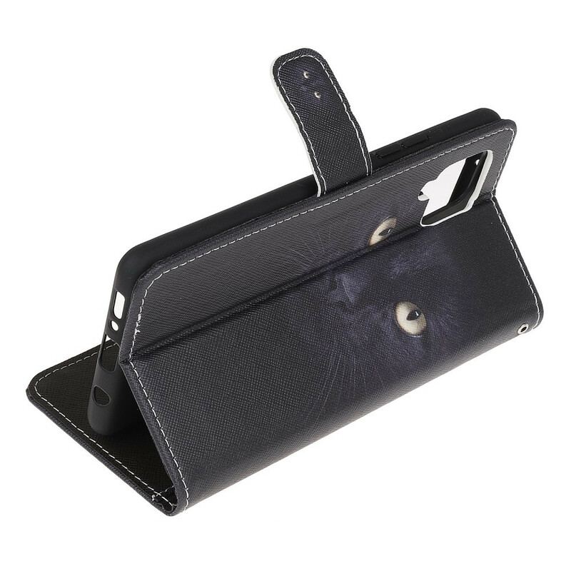 Capa Folio Para Samsung Galaxy A42 5G De Cordão Olhos De Gato Preto Com Tiras