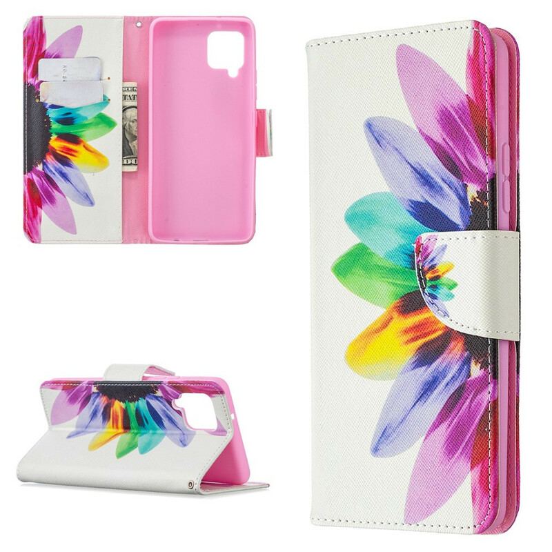 Capa Folio Para Samsung Galaxy A42 5G Flor Aquarela