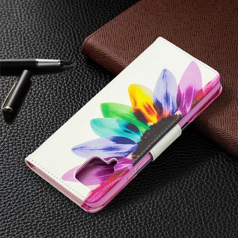 Capa Folio Para Samsung Galaxy A42 5G Flor Aquarela