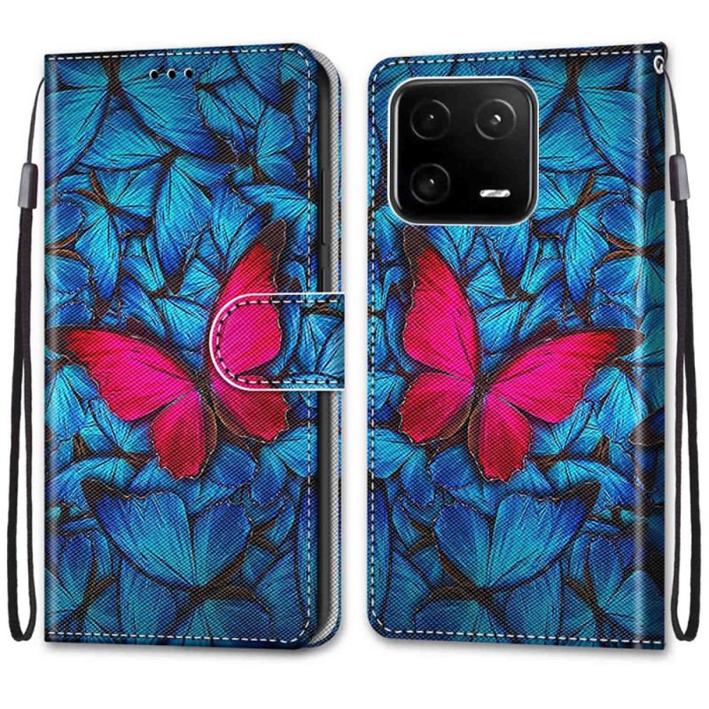 Capa Flip Para Xiaomi 13 Pro Borboleta Vermelha Fundo Azul