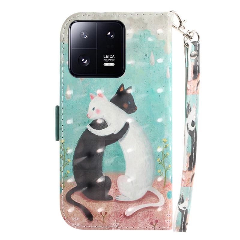 Capa Flip Para Xiaomi 13 Pro De Cordão Gato Preto Gato Branco Com Alça