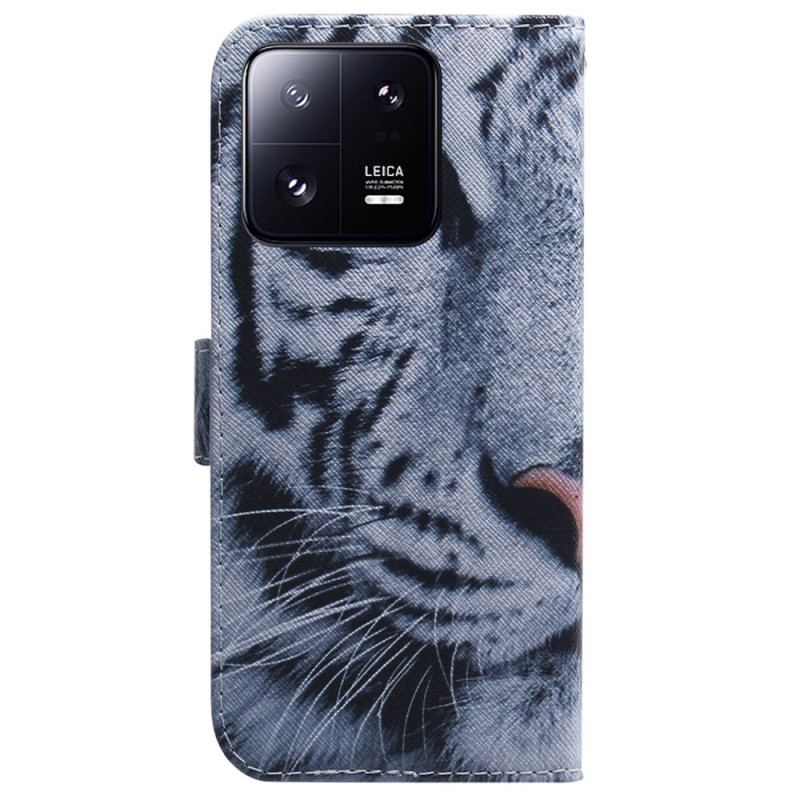 Capa Flip Para Xiaomi 13 Pro De Cordão Tira Tigre Branco