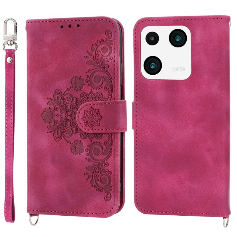 Capa Folio Para Xiaomi 13 Pro Flores De Renda Com Alça E Alça De Ombro