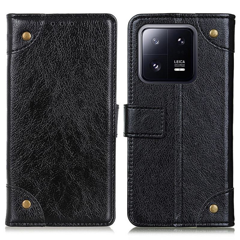 Capa Folio Para Xiaomi 13 Pro Rebites Vintage Estilo Couro Napa