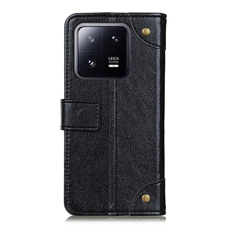 Capa Folio Para Xiaomi 13 Pro Rebites Vintage Estilo Couro Napa