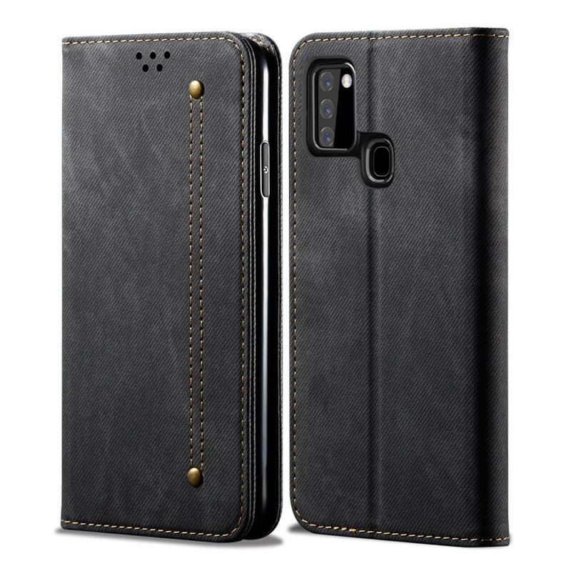 Capa De Celular Para Samsung Galaxy A21s Flip Tecido Jeans