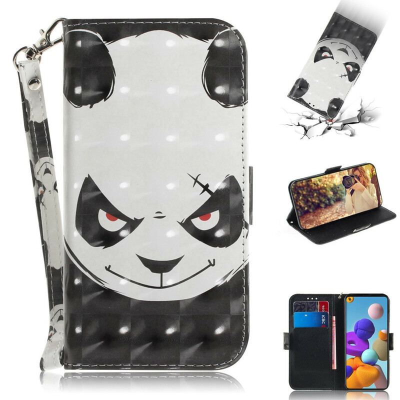 Capa De Couro Para Samsung Galaxy A21s De Cordão Panda Irritado Com Cordão