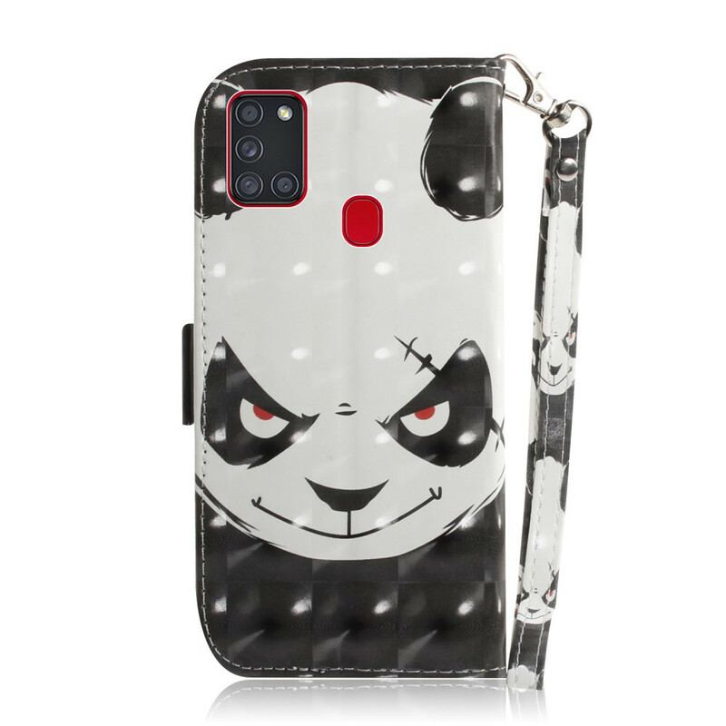 Capa De Couro Para Samsung Galaxy A21s De Cordão Panda Irritado Com Cordão